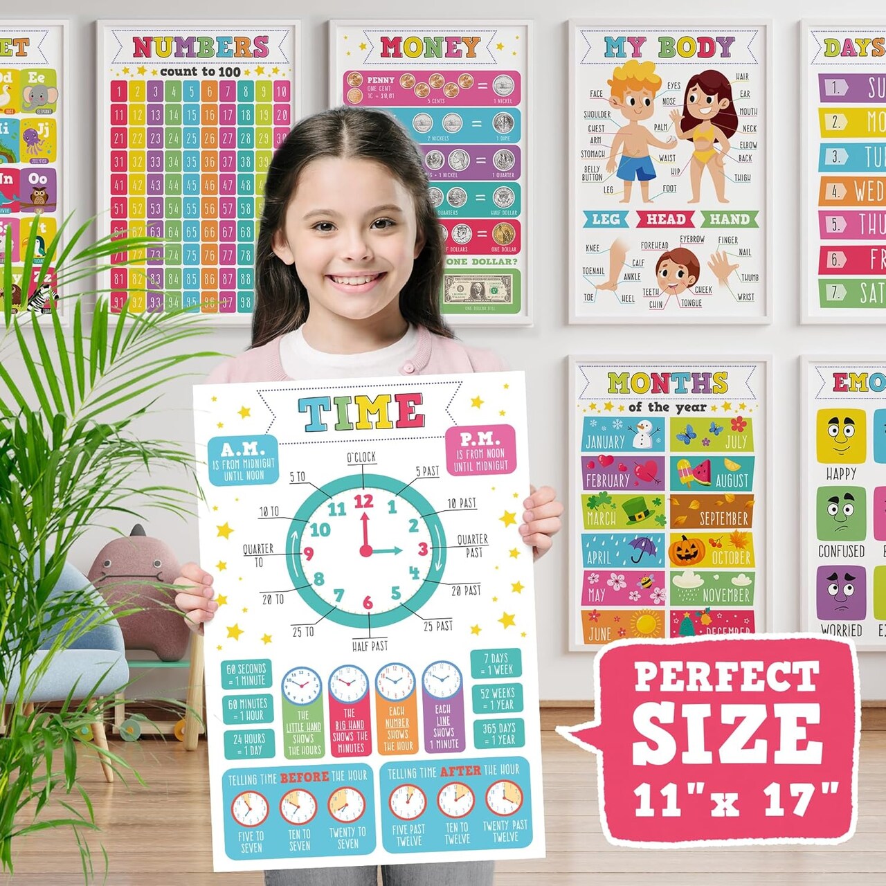 16 Pack Laminated Bilingual Educational Writing Posters for Kids (English & Spanish), Double-Sided Learning Charts 32 Designs, Preschool Handwriting & Vocabulary Classroom & Homeschool Supplies 17x11